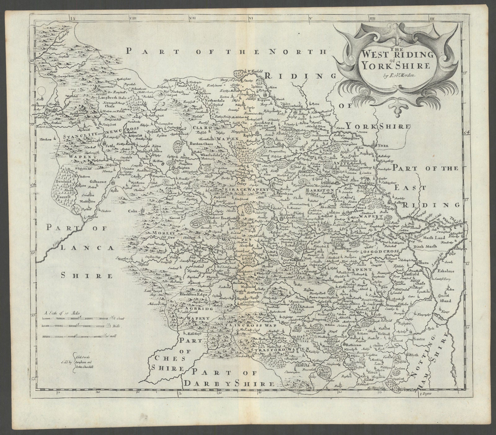 WEST RIDING OF YORKSHIRE by ROBERT MORDEN from Camden's Britannia 1722 old map